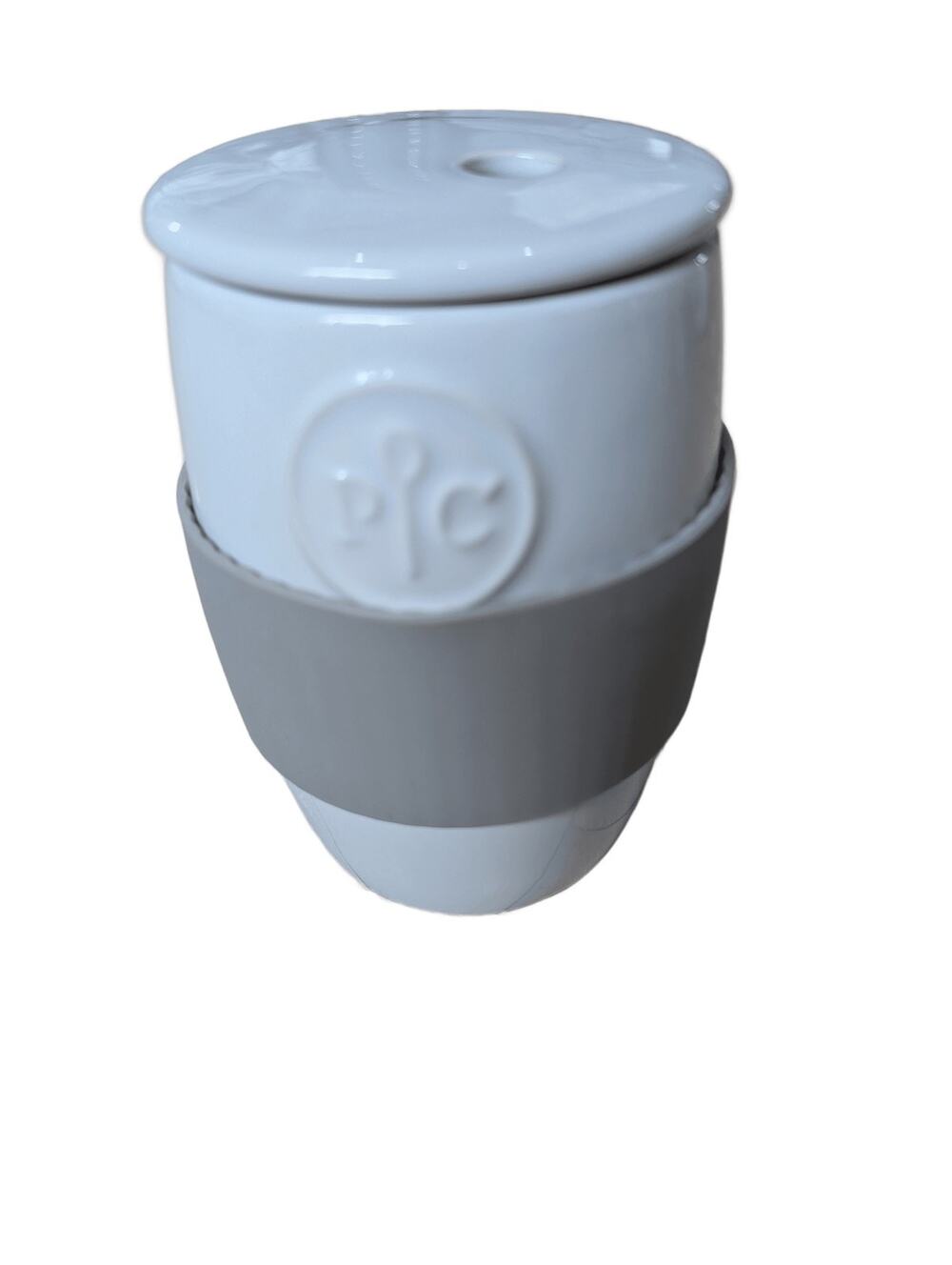 Pampered Chef Ceramic Egg Cooker #1529 White Gray Silicone Sleeve Microwave